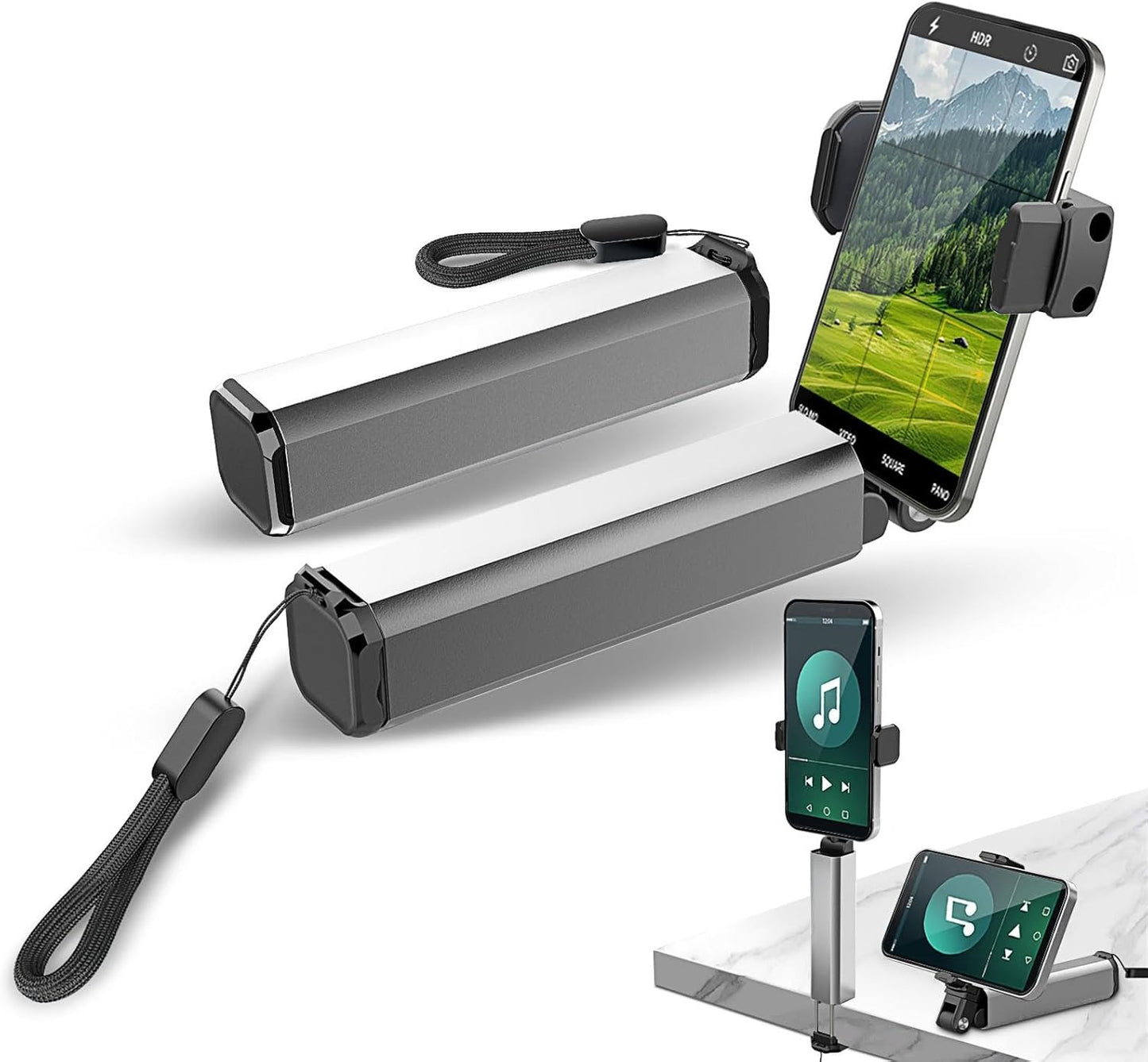 Multi-Directional Portable Airplane Phone Holder & Travel Stand - Foldable 360° Rotating Clamp Mount and Mini Selfie Grip