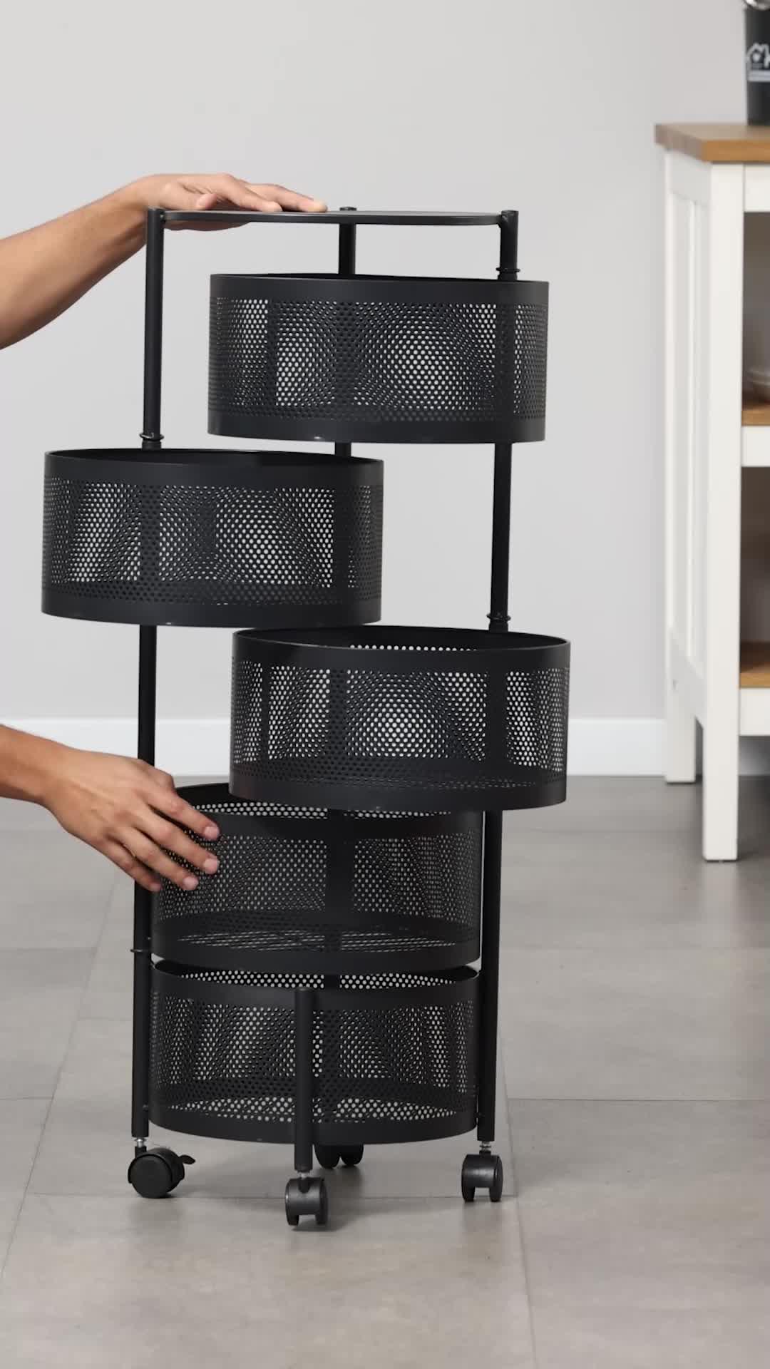 4-Tier Rotating Kitchen Storage Rack - Square Metal Organization Trolley with Wheels