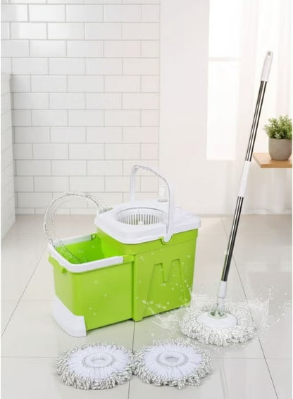Heavy-Duty 12L Spin Mop and Dual-Chamber Bucket System with Wringer - Hands-Free Microfiber Floor Cleaning Kit (Green)