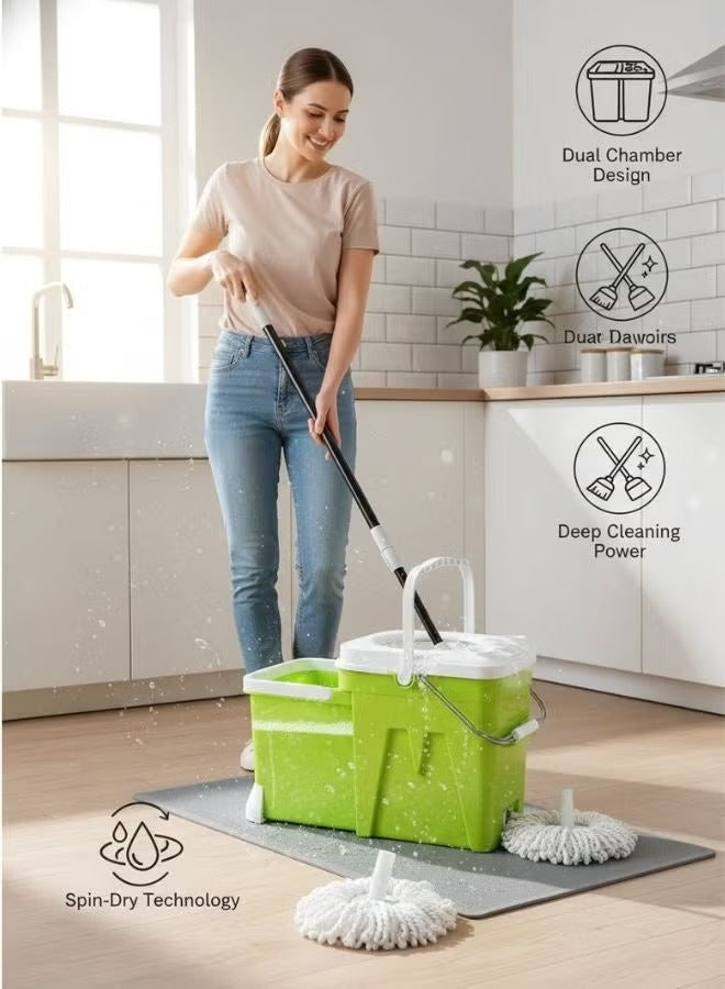 Heavy-Duty 12L Spin Mop and Dual-Chamber Bucket System with Wringer - Hands-Free Microfiber Floor Cleaning Kit (Green)