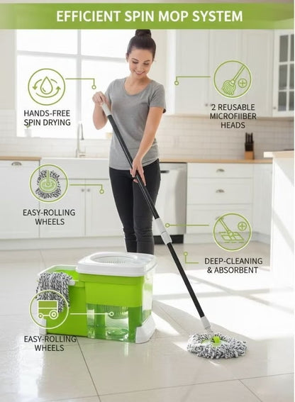 Heavy-Duty 12L Spin Mop and Dual-Chamber Bucket System with Wringer - Hands-Free Microfiber Floor Cleaning Kit (Green)