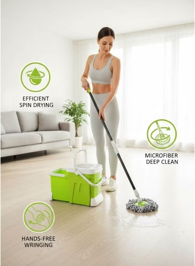 Heavy-Duty 12L Spin Mop and Dual-Chamber Bucket System with Wringer - Hands-Free Microfiber Floor Cleaning Kit (Green)