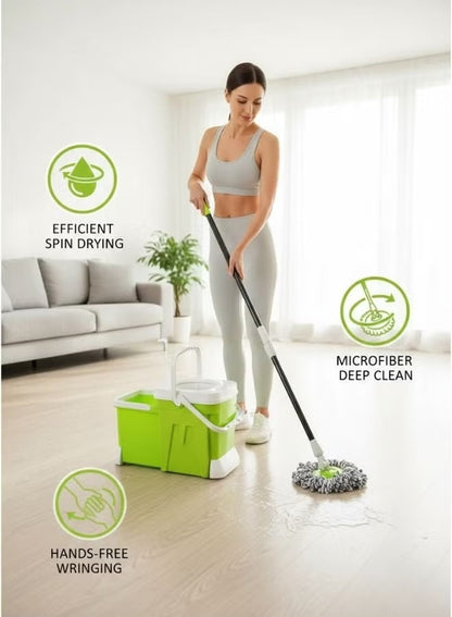 Heavy-Duty 12L Spin Mop and Dual-Chamber Bucket System with Wringer - Hands-Free Microfiber Floor Cleaning Kit (Green)