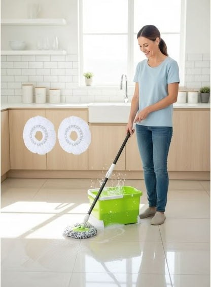 Heavy-Duty 12L Spin Mop and Dual-Chamber Bucket System with Wringer - Hands-Free Microfiber Floor Cleaning Kit (Green)