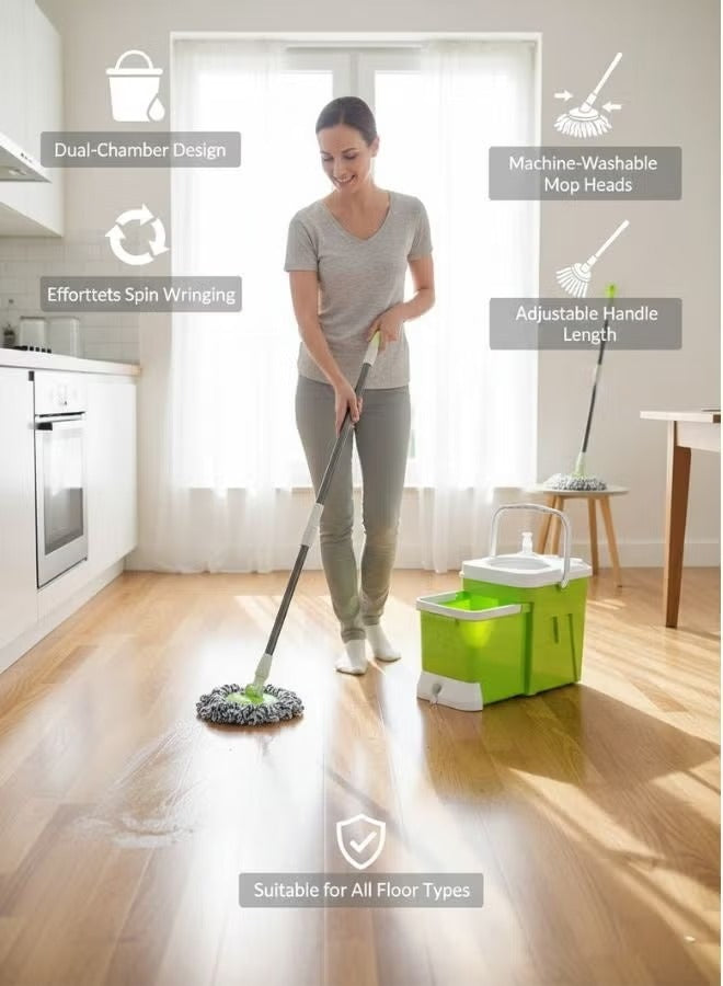 Heavy-Duty 12L Spin Mop and Dual-Chamber Bucket System with Wringer - Hands-Free Microfiber Floor Cleaning Kit (Green)