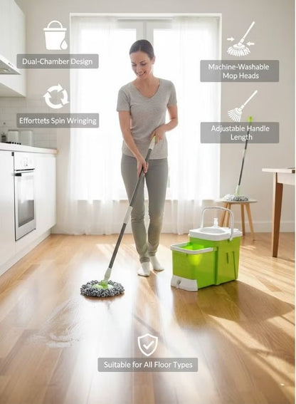 Heavy-Duty 12L Spin Mop and Dual-Chamber Bucket System with Wringer - Hands-Free Microfiber Floor Cleaning Kit (Green)