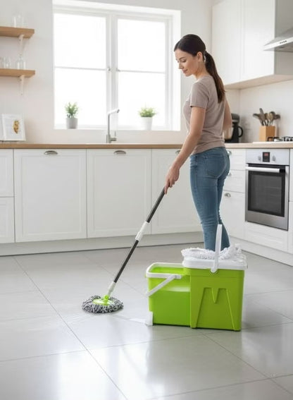 Heavy-Duty 12L Spin Mop and Dual-Chamber Bucket System with Wringer - Hands-Free Microfiber Floor Cleaning Kit (Green)
