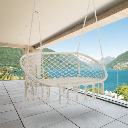 2-Seater Macrame Hanging Hammock Chair with Cushion - Boho Cotton-Polyester Rope Swing
