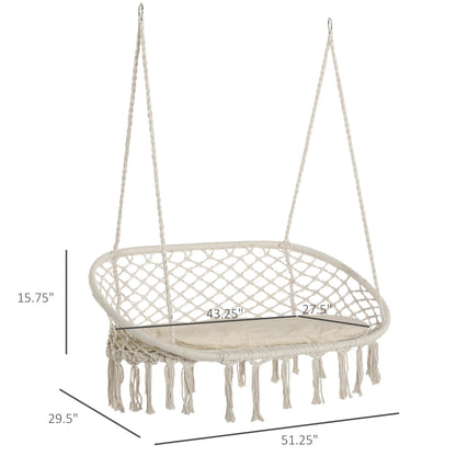 2-Seater Macrame Hanging Hammock Chair with Cushion - Boho Cotton-Polyester Rope Swing