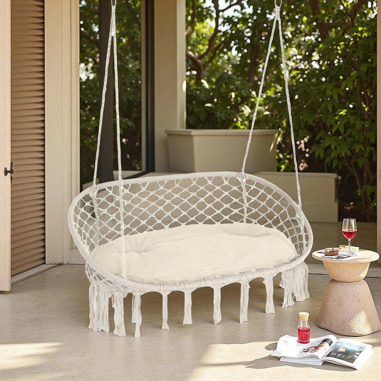 2-Seater Macrame Hanging Hammock Chair with Cushion - Boho Cotton-Polyester Rope Swing