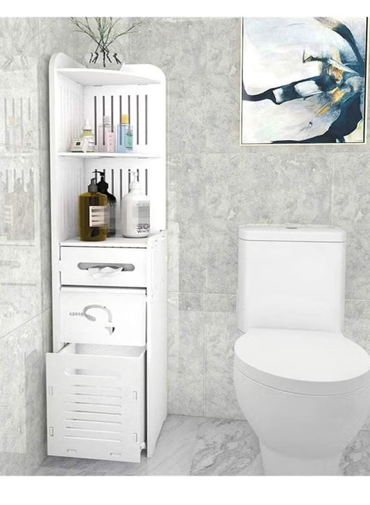 Bathroom Storage Floor Corner Cabinet - Freestanding Slim Toilet Organizer, Waterproof White PVC Cupboard with Paris Eiffel Tower Cutout (22 x 20 x 80 cm)