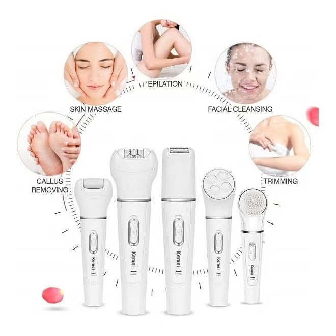 Premium 5-in-1 Women's Painless Hair Removal Epilator, Shaving Machine & Trimmer Kit - White