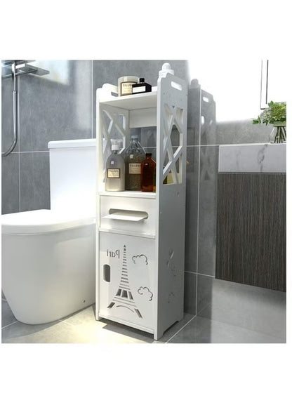 Bathroom Storage Floor Corner Cabinet - Freestanding Slim Toilet Organizer, Waterproof White PVC Cupboard with Paris Eiffel Tower Cutout (22 x 20 x 80 cm)