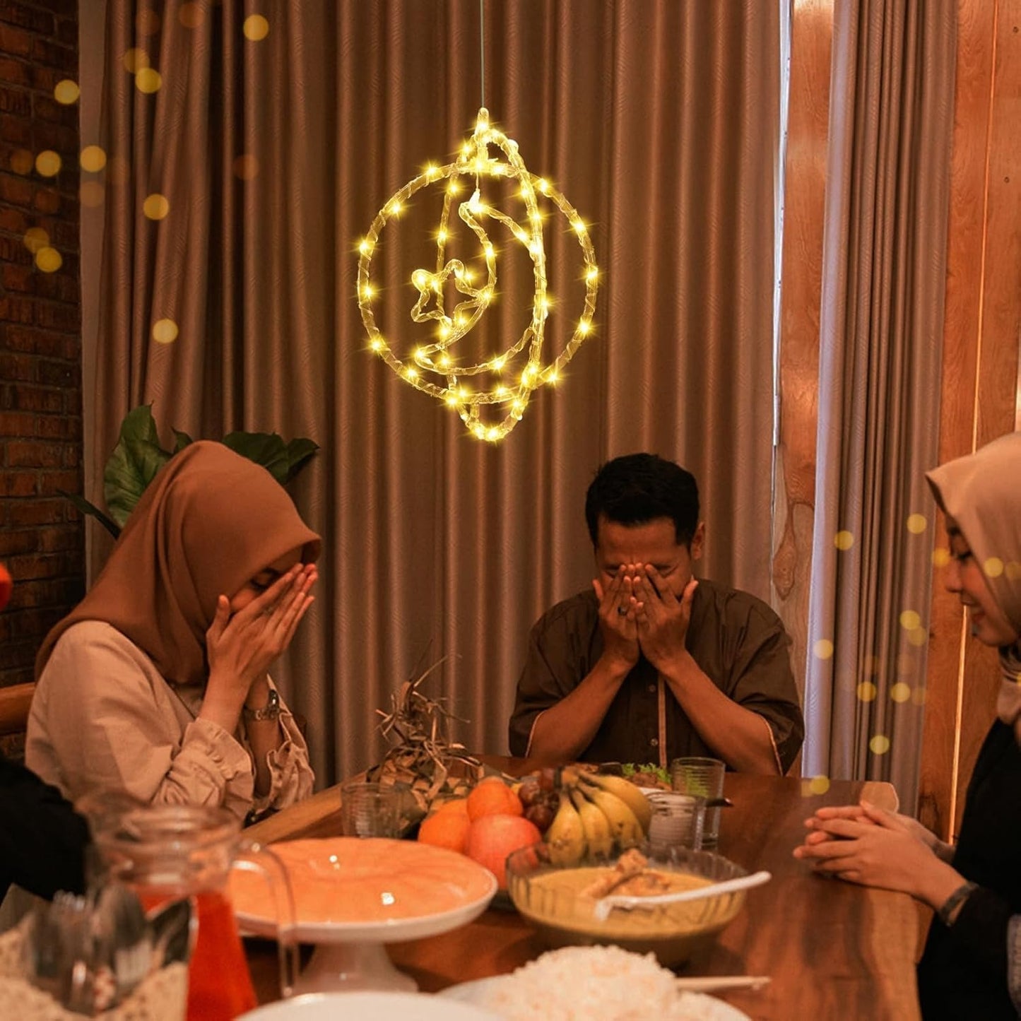 Festive LED Crescent Moon & Star Hanging Light - 32cm Double Ring Ramadan Decoration with 8 Lighting Modes