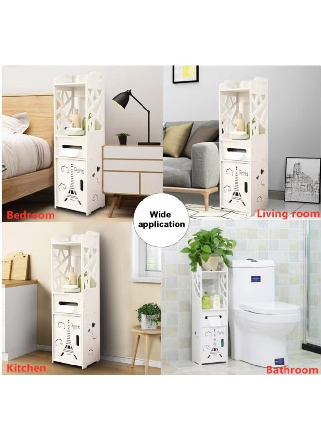 Bathroom Storage Floor Corner Cabinet - Freestanding Slim Toilet Organizer, Waterproof White PVC Cupboard with Paris Eiffel Tower Cutout (22 x 20 x 80 cm)