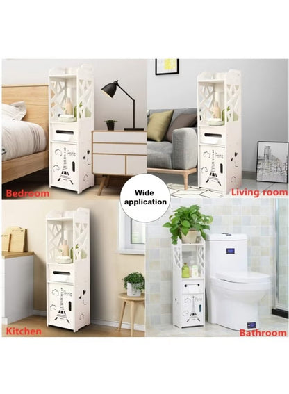 Bathroom Storage Floor Corner Cabinet - Freestanding Slim Toilet Organizer, Waterproof White PVC Cupboard with Paris Eiffel Tower Cutout (22 x 20 x 80 cm)