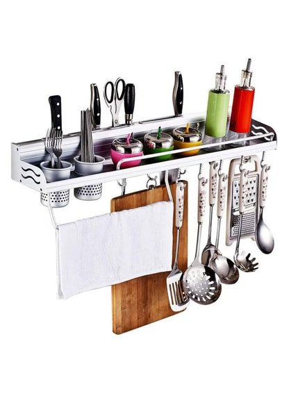 Punch-Free Multi-Function Aluminum Kitchen Organizer Rack - 80cm Wall Mounted Spice Shelf, Utensil Holder & Knife Block