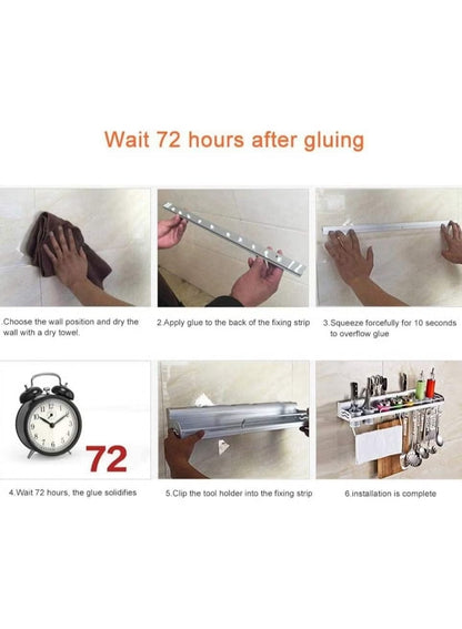 Punch-Free Multi-Function Aluminum Kitchen Organizer Rack - 80cm Wall Mounted Spice Shelf, Utensil Holder & Knife Block