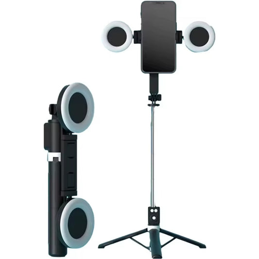 4-in-1 Ultra-Compact Selfie Stick Tripod with Dual LED Ring Lights - 170cm Extendable Portable Phone Stand