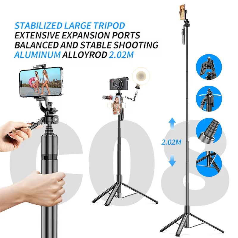 C08 2.02M Professional Ultra-Long Selfie Stick Tripod - Stable Aluminum Alloy Mobile Phone Stand with Detachable Bluetooth Remote