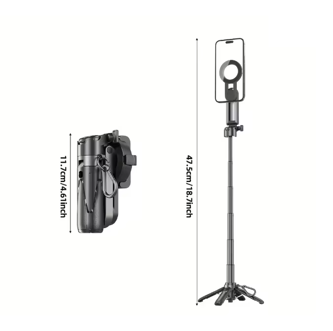 P15mini-C Magnetic 3-in-1 Selfie Stick Tripod with Bluetooth Remote - Portable MagSafe Compatible Wireless Phone Grip and Extendable Phone Stand