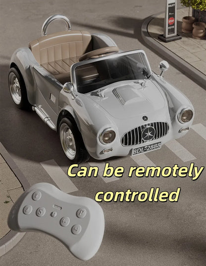 Retro Classic Electric Car for Kids, with Music, Suitable for Boys and Girls, Can Be Sat on, Remote Controlled, and Rechargeable.