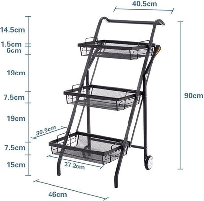 3-Tier Foldable Rolling Utility Cart - Installation-Free Metal Storage Organizer