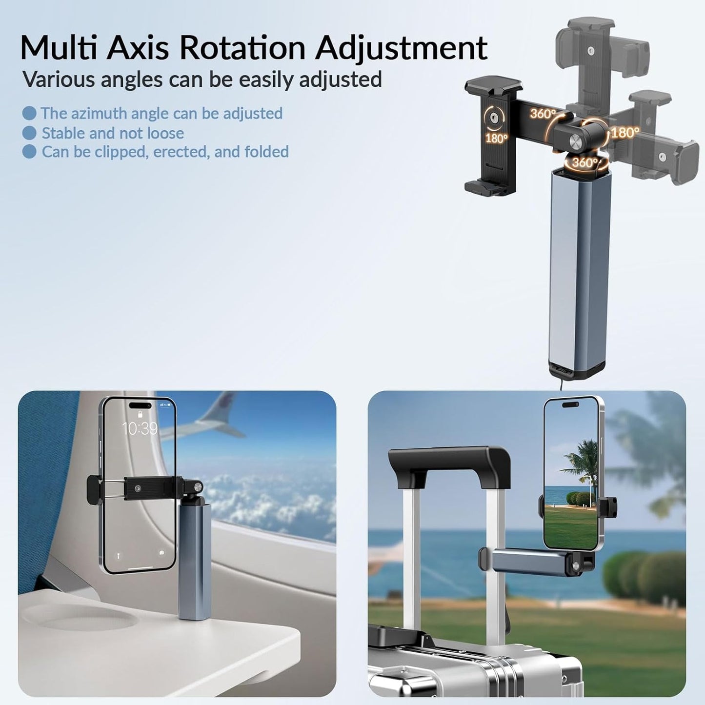 Multi-Directional Portable Airplane Phone Holder & Travel Stand - Foldable 360° Rotating Clamp Mount and Mini Selfie Grip