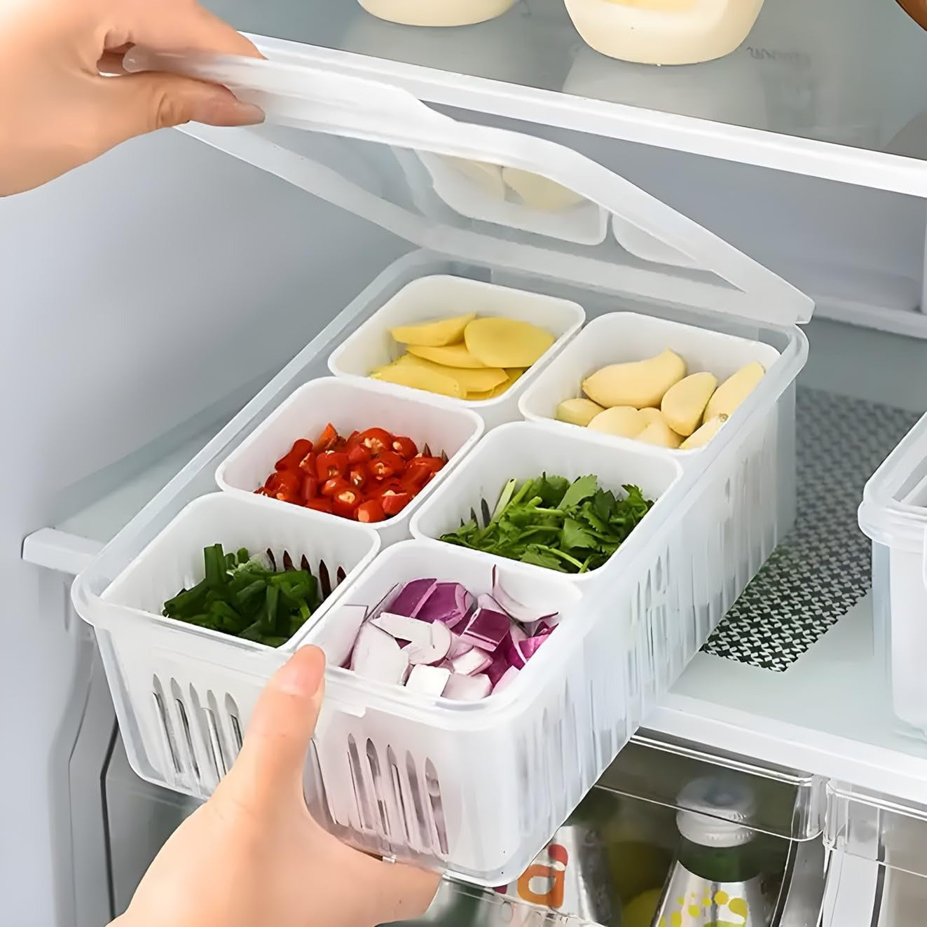6-Compartment Fridge Storage Box with Removable Drain Baskets - Stackable Refrigerator Organizer for Fresh Produce & Spices