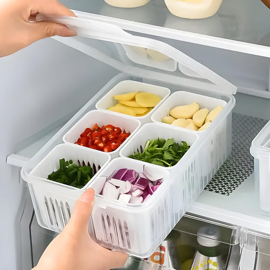 6-Compartment Fridge Storage Box with Removable Drain Baskets - Stackable Refrigerator Organizer for Fresh Produce & Spices