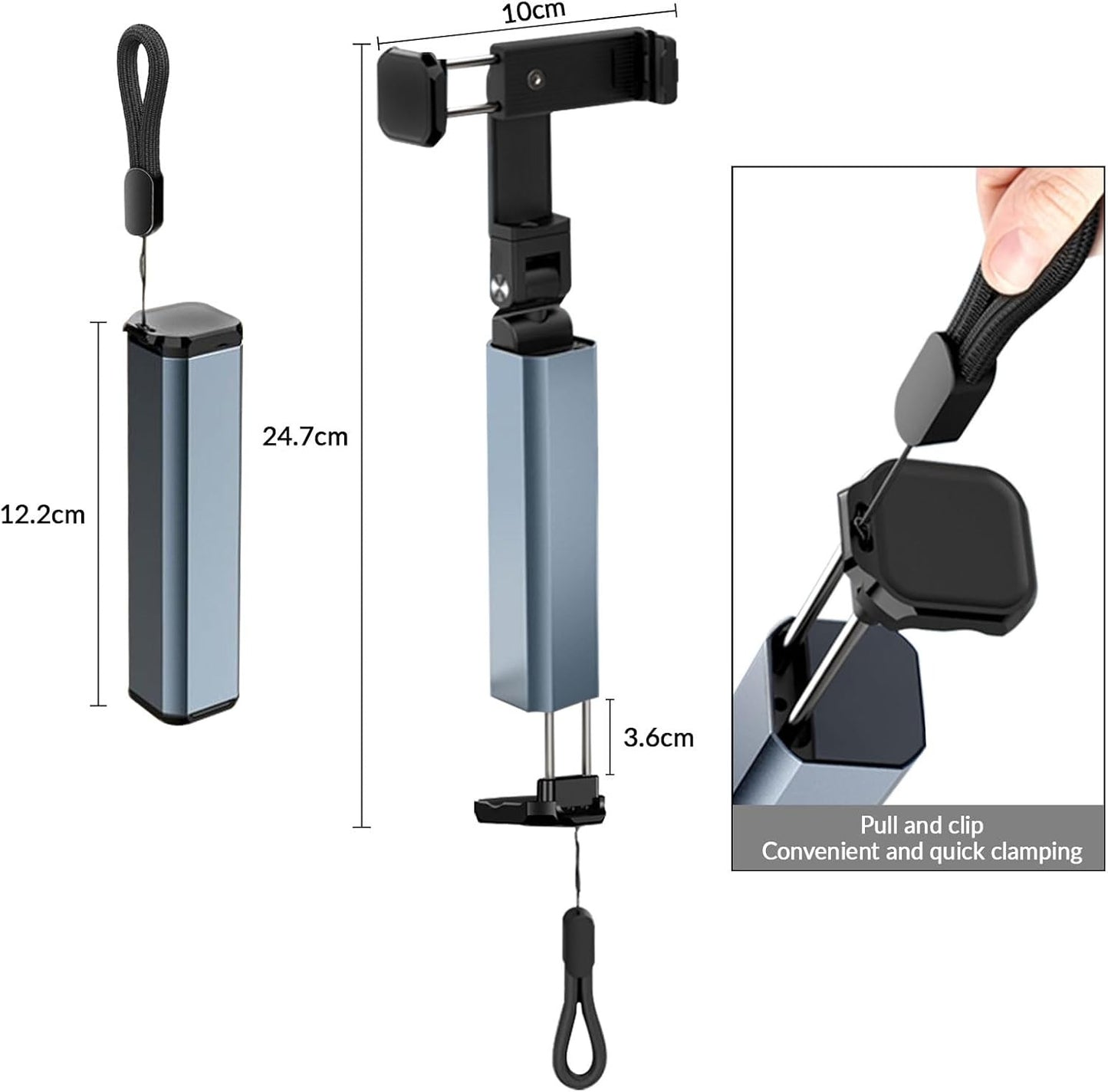 Multi-Directional Portable Airplane Phone Holder & Travel Stand - Foldable 360° Rotating Clamp Mount and Mini Selfie Grip