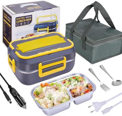 60W Electric Lunch Box Food Heater - 1.5L 3-Compartment Stainless Steel Portable Warmer for Car & Office