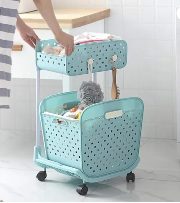 Multifunctional 2-Tier Plastic Laundry Trolley - Portable Storage Organizer with Removable Hamper