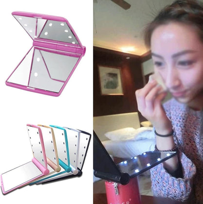 LED Compact Cosmetic Folding Mirror - Portable Illuminated Travel Makeup Mirror