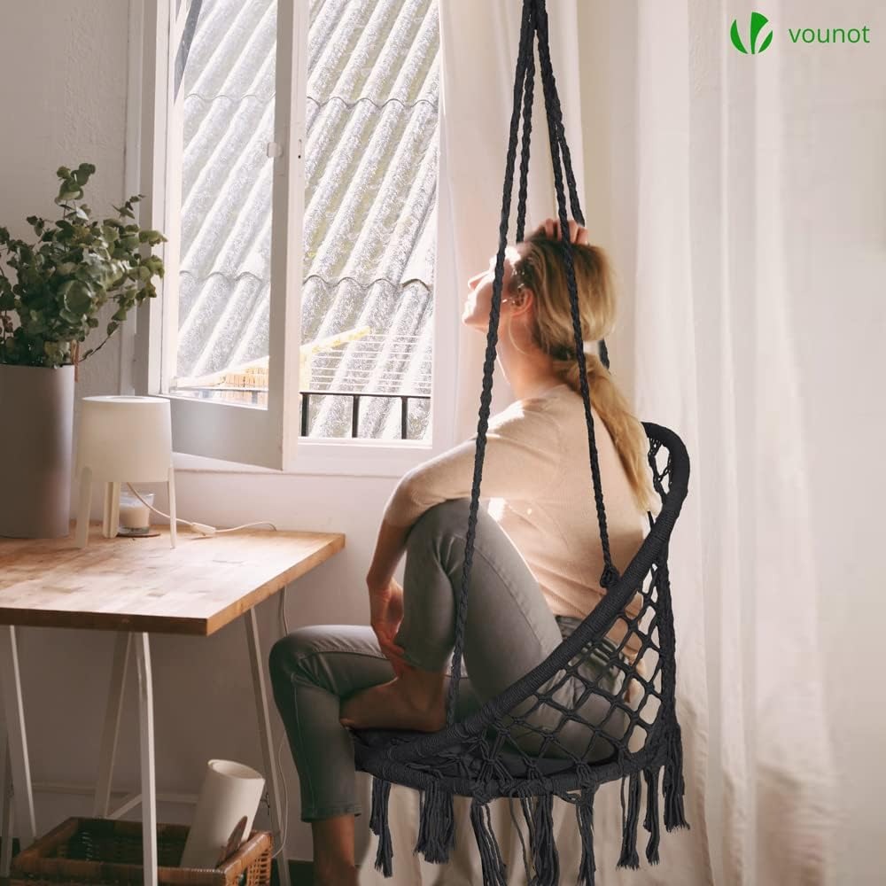 Premium Macrame Hammock Swing Chair with Round Cushion - Boho Indoor & Outdoor Hanging Seat