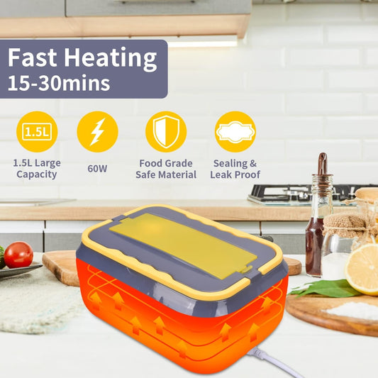60W Electric Lunch Box Food Heater - 1.5L 3-Compartment Stainless Steel Portable Warmer for Car & Office
