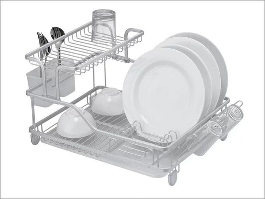 Premium 2-Tier Aluminum Dish Drying Rack with Removable Drainboard and Utensil Holder for Kitchen Countertops