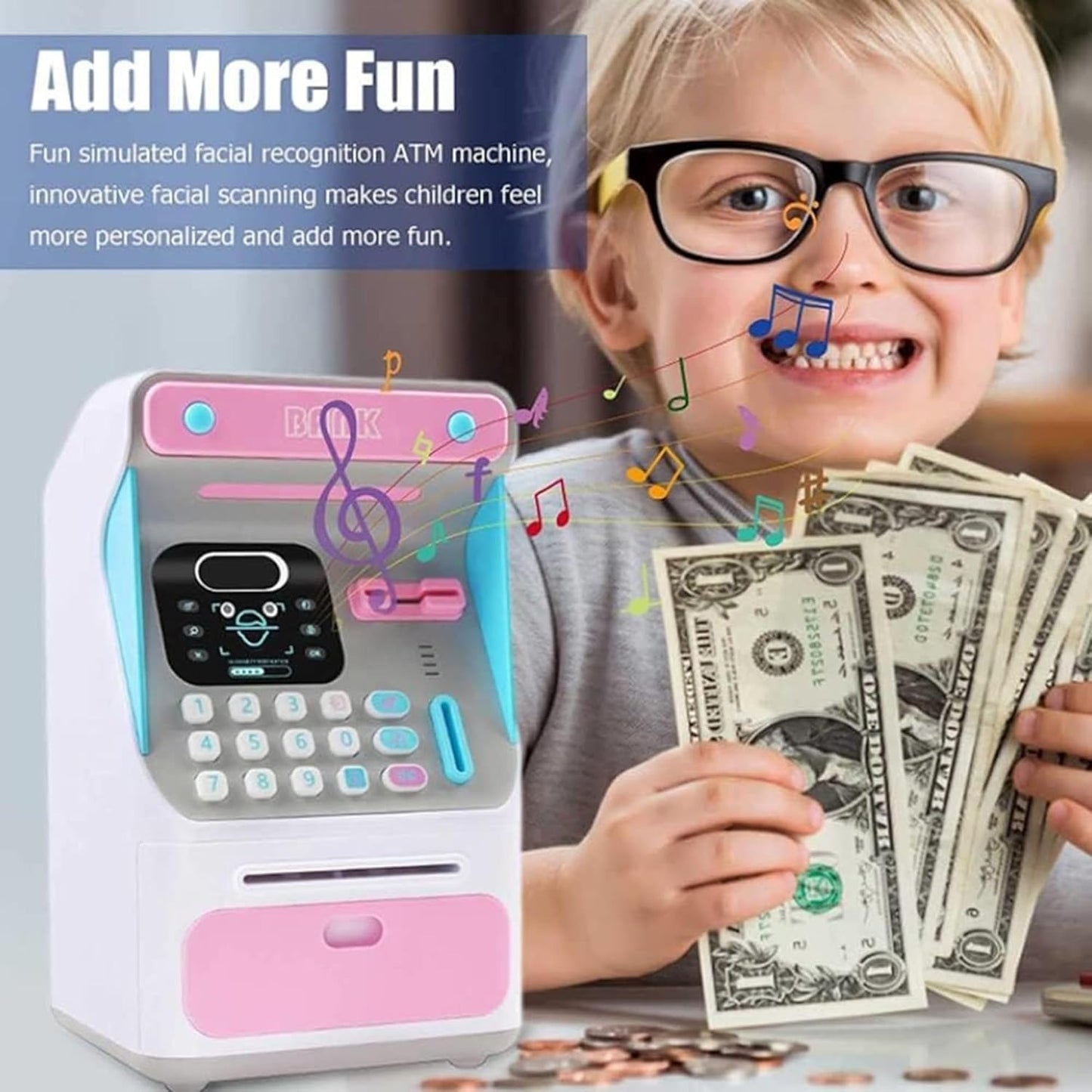 Interactive Electronic ATM Piggy Bank for Kids - Simulated Face Recognition & Automatic Money Scroll Safe (Pink/White)