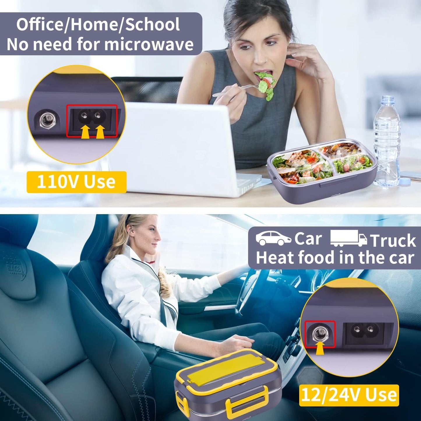 60W Electric Lunch Box Food Heater - 1.5L 3-Compartment Stainless Steel Portable Warmer for Car & Office