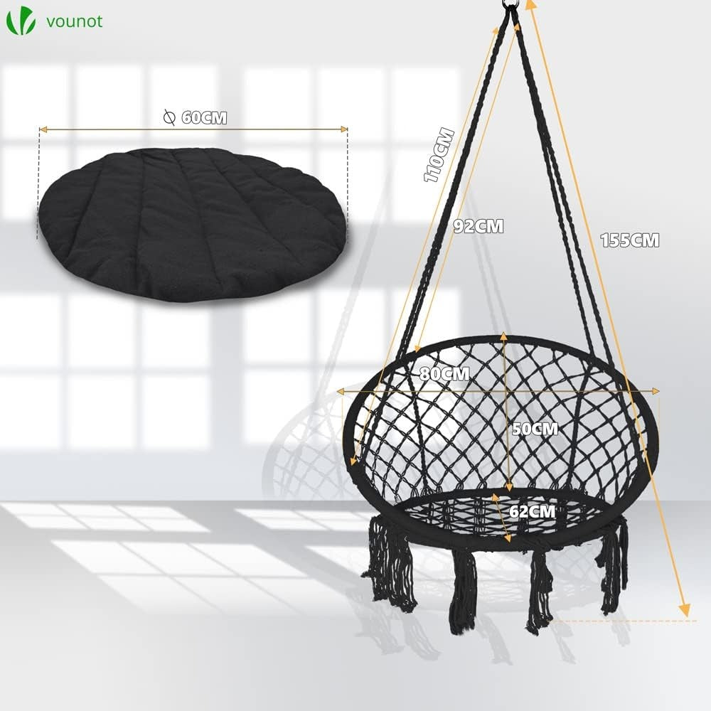 Premium Macrame Hammock Swing Chair with Round Cushion - Boho Indoor & Outdoor Hanging Seat