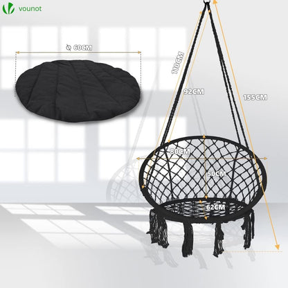 Premium Macrame Hammock Swing Chair with Round Cushion - Boho Indoor & Outdoor Hanging Seat