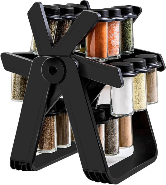 18-Jar Rotating Ferris Wheel Spice Rack Organizer - Countertop Seasoning Tower with Glass Jars & Labels