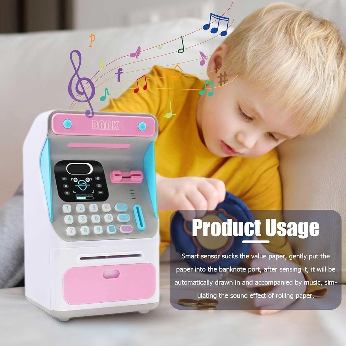 Interactive Electronic ATM Piggy Bank for Kids - Simulated Face Recognition & Automatic Money Scroll Safe (Pink/White)