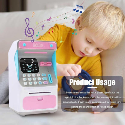 Interactive Electronic ATM Piggy Bank for Kids - Simulated Face Recognition & Automatic Money Scroll Safe (Pink/White)