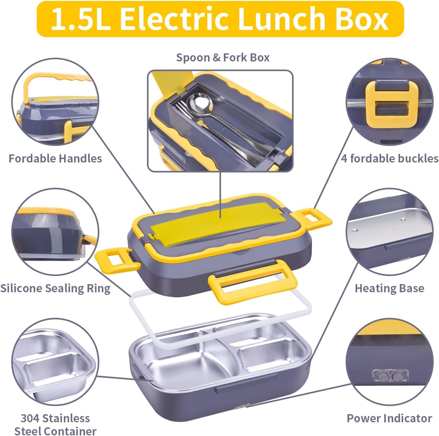 60W Electric Lunch Box Food Heater - 1.5L 3-Compartment Stainless Steel Portable Warmer for Car & Office