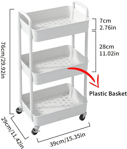 3-Tier Rolling Utility Cart with Wheels – Multi-Functional Mobile Storage Organizer