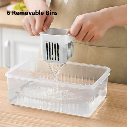 6-Compartment Fridge Storage Box with Removable Drain Baskets - Stackable Refrigerator Organizer for Fresh Produce & Spices
