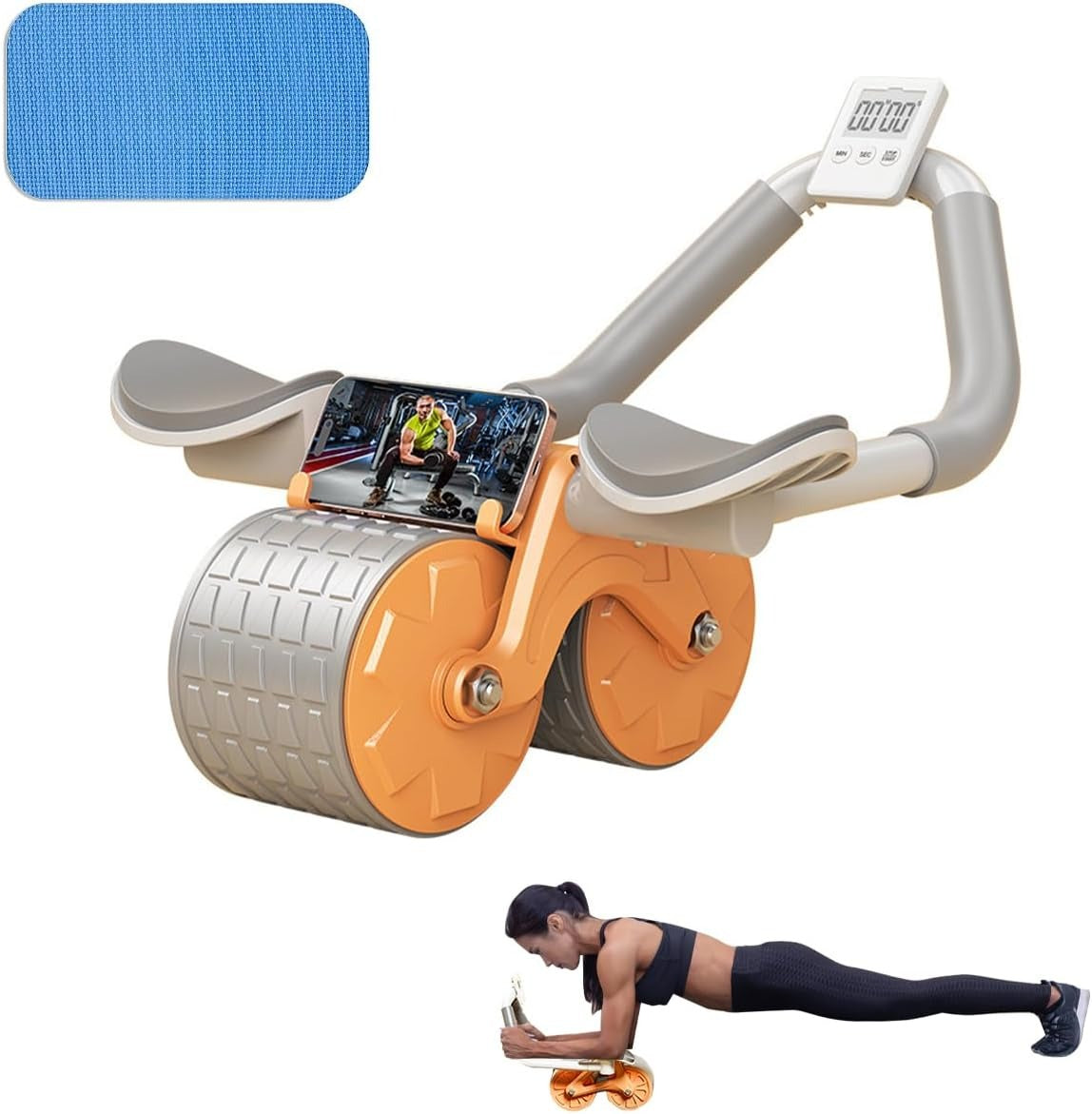 Automatic Rebound Ab Roller Wheel with Elbow Support - Double Wheel Core Trainer with Timer & Phone Holder