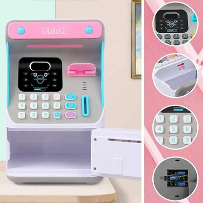 Interactive Electronic ATM Piggy Bank for Kids - Simulated Face Recognition & Automatic Money Scroll Safe (Pink/White)