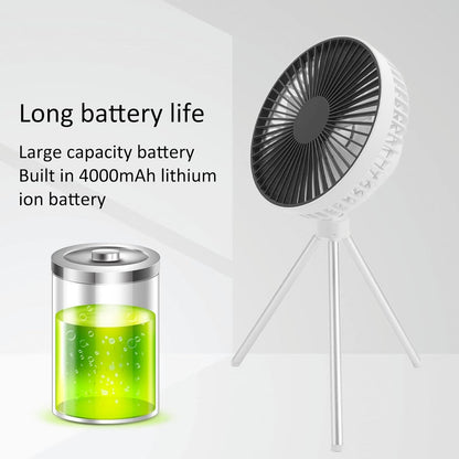 Portable 2-in-1 Tripod Stand & Hanging Camping Fan - USB Rechargeable 4000mAh Travel Desk Fan